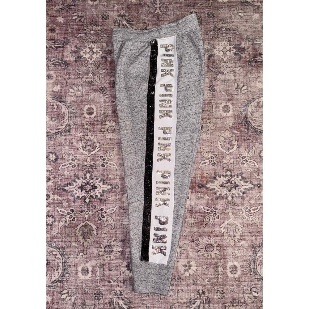 Victoria's Secret PINK Gray Sequin Logo Glitter Stripe Joggers Sweatpants Large - Picture 2 of 9